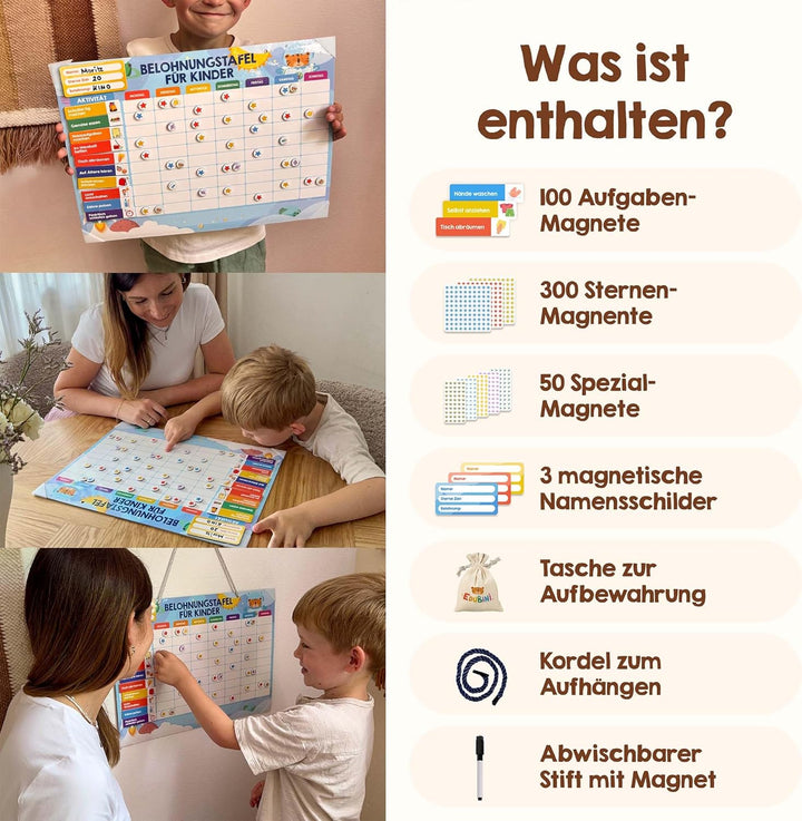 Edubini Belohnungstafel Kinder - [100 Aufgaben + 350 Magnete] - Belohnungssystem für Verantwortung -