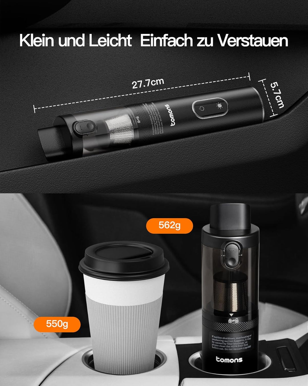 tomons Handstaubsauger, 14000PA Kabelloser Handstaubsauger mit LED-Licht, 3-in-1 Autostaubsauger mit