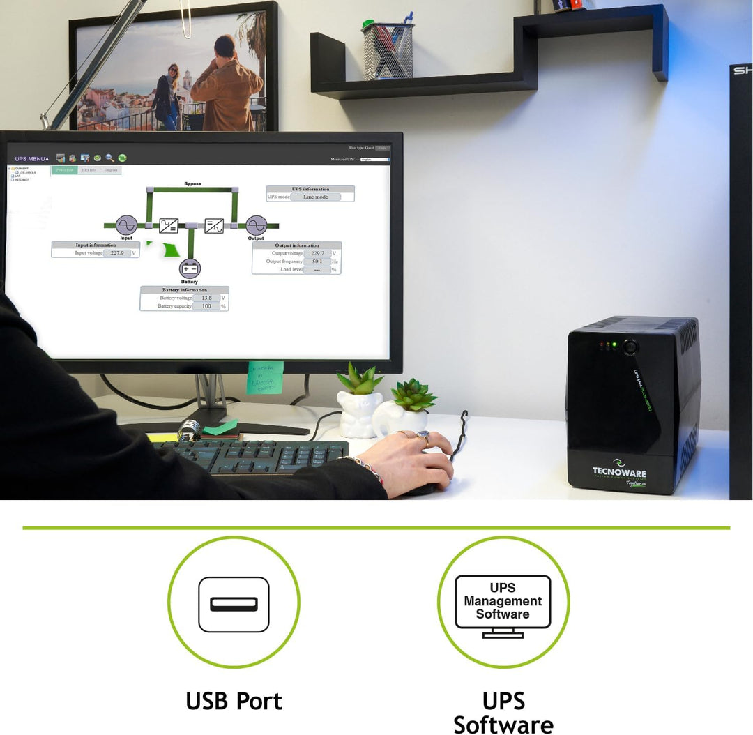 Tecnoware UPS 2000VA für PC/Modem, NICHT für Gaming/Konsole, ERA PLUS USV, 6 IEC, Software, Schutz v