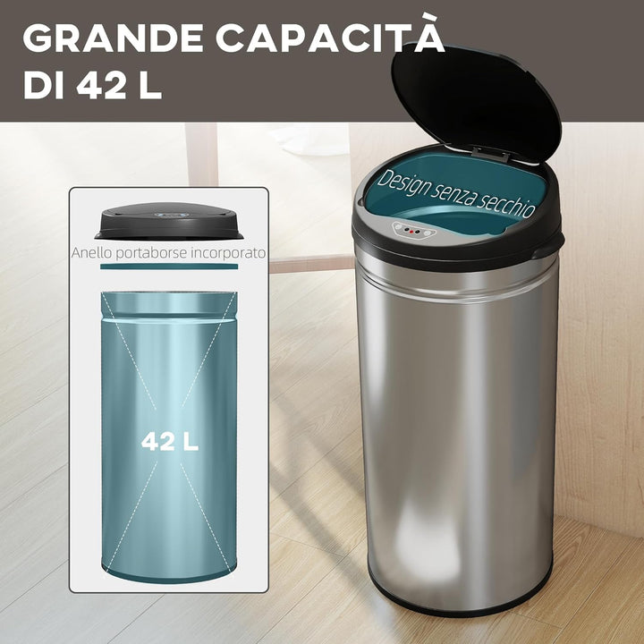 HOMCOM Mülleimer mit Sensor 42L Edelstahl Automatischer Leiser Mülleimer mit Soft-Close-Deckel, Bewe