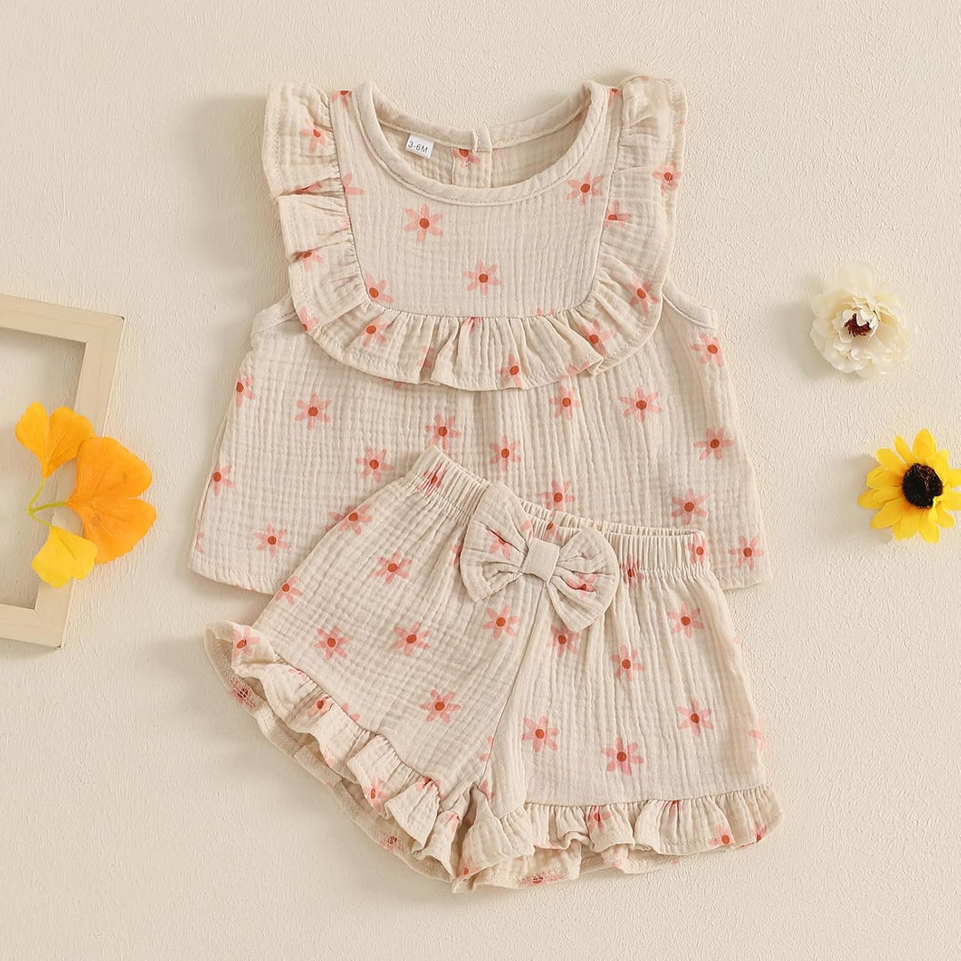 Baby Mädchen Musselin Kleidungset Kurzarm Oberteil+ Shorts Rüschen Babysets Schleife und Blumenmuste