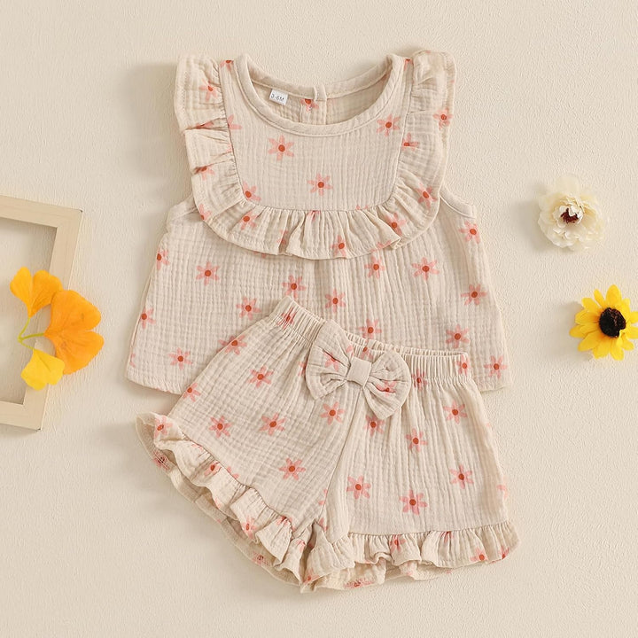 Baby Mädchen Musselin Kleidungset Kurzarm Oberteil+ Shorts Rüschen Babysets Schleife und Blumenmuste