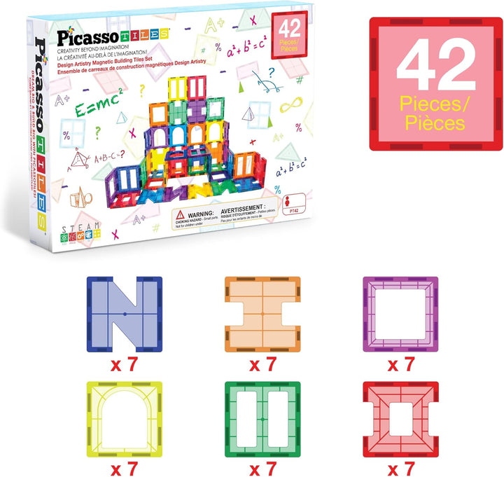 PicassoTiles PT42 Designer Artistry Kit 42pcs Set Magnet Building Tiles Clear Color Magnetic 3D Buil