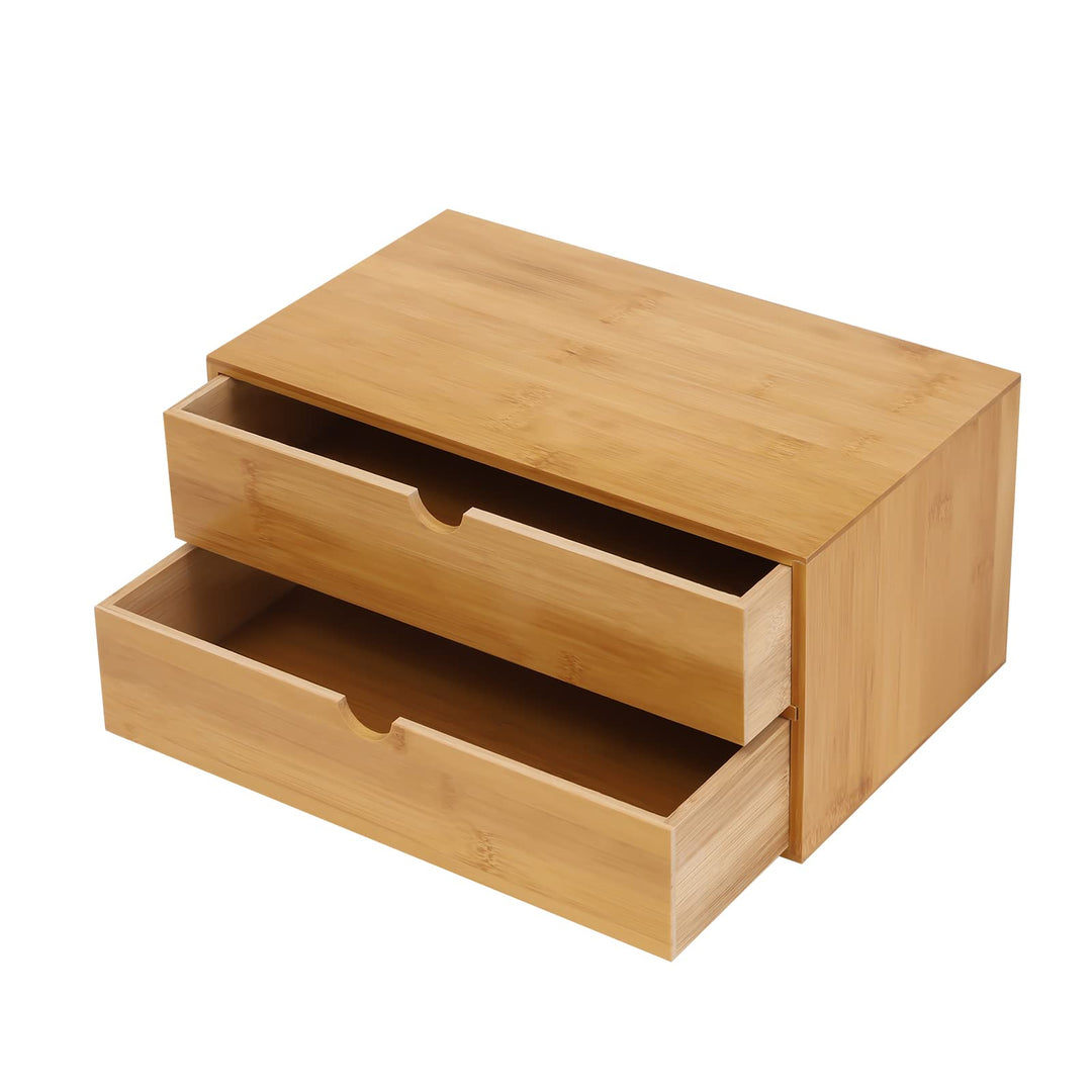 Schreibtisch Organizer Bambus | 2 Schubladen Aufbewahrungsbox | Natur Holzoptik | Tischablage für Bü