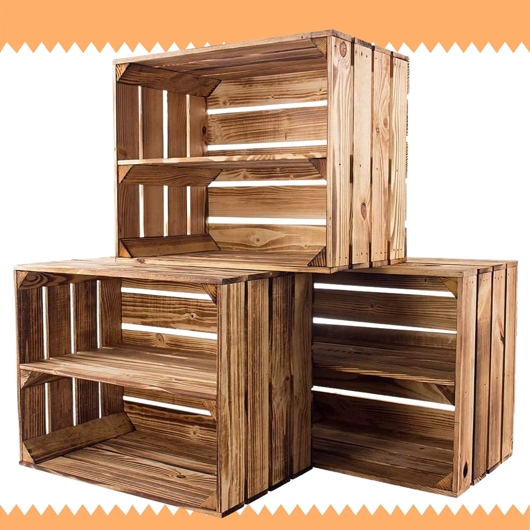 Vintage-Möbel24 3er Set Obstkisten mit Zwischenbrett – geflammt – Holzkisten als Schuhregal 50x30x40