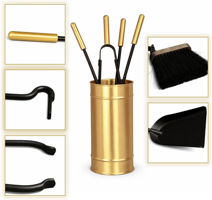 MS Beschläge Kaminbesteck Set 5-teilig Messing – Ofenbesteck modern mit geschlossenem Halter – Kamin