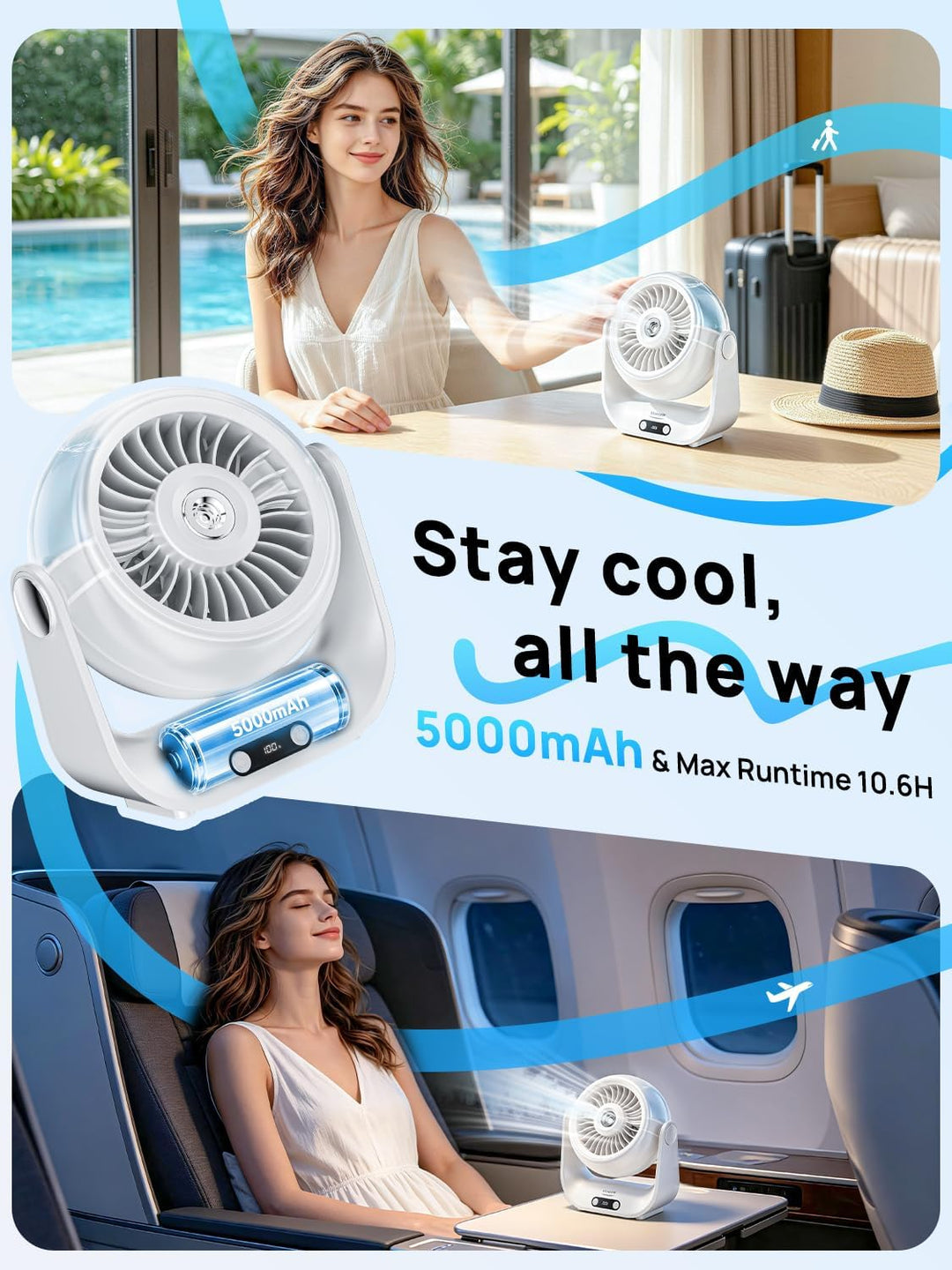 Kssvzz Tischventilator Leise mit Wasserkühlung - 5000mAh USB Ventilator Akku mit 5 Stufen, LED-Anzei