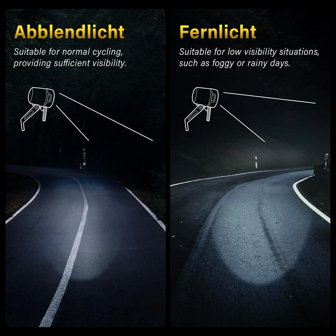 E-Bike Dynamo LED Fahrradlicht 30-100 LUX mit StVZO Zulassung - Fahrradlampe Frontlicht & Scheinwerf