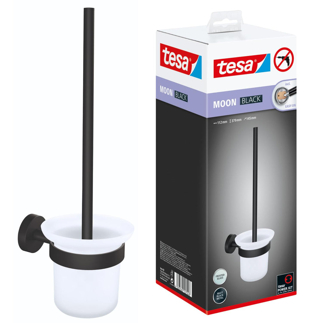 tesa MOON BLACK WC-Garnitur, Set mit Halter &amp; WC-Bürste, matt schwarz, satiniertes Glas - für Bäder