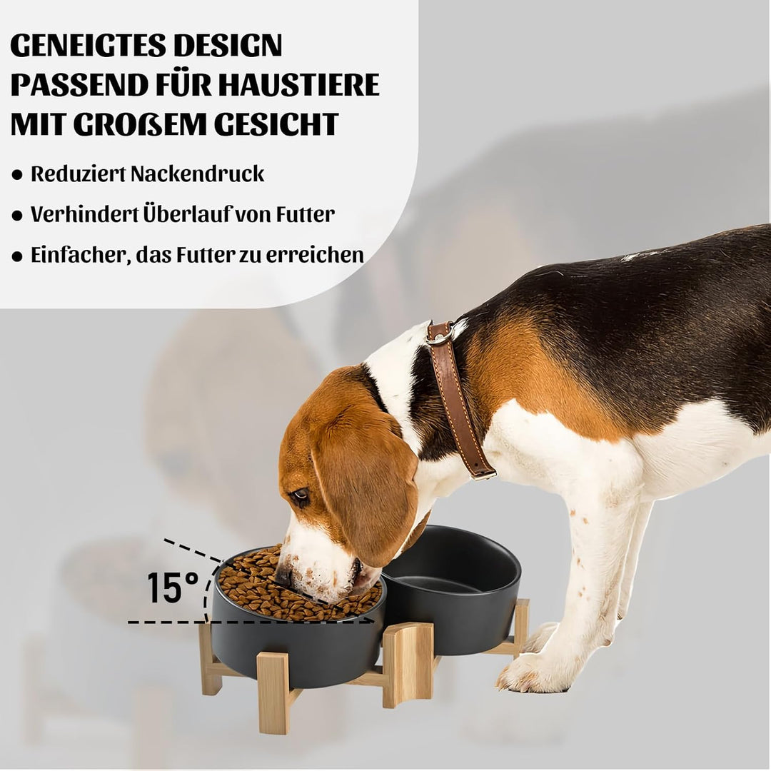 SPUNKYJUNKY 15° Kippbare Keramik Hundenapf mit Holzständer Futter und Wassernapf rutschfest für Hund