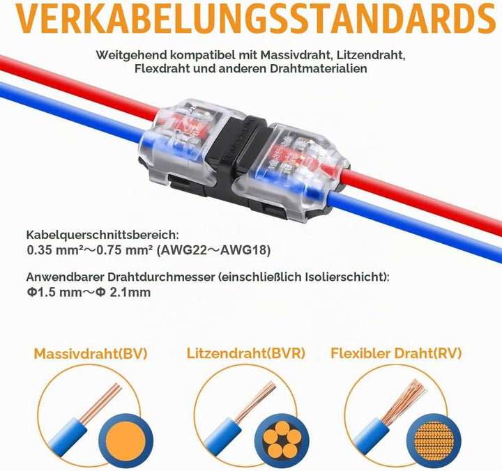 Flintronic 20 Stück H Verbinder, Niederspannung T Hahn Kabelverbinder, 2 Pin 2 Wege Kabelverbinder,