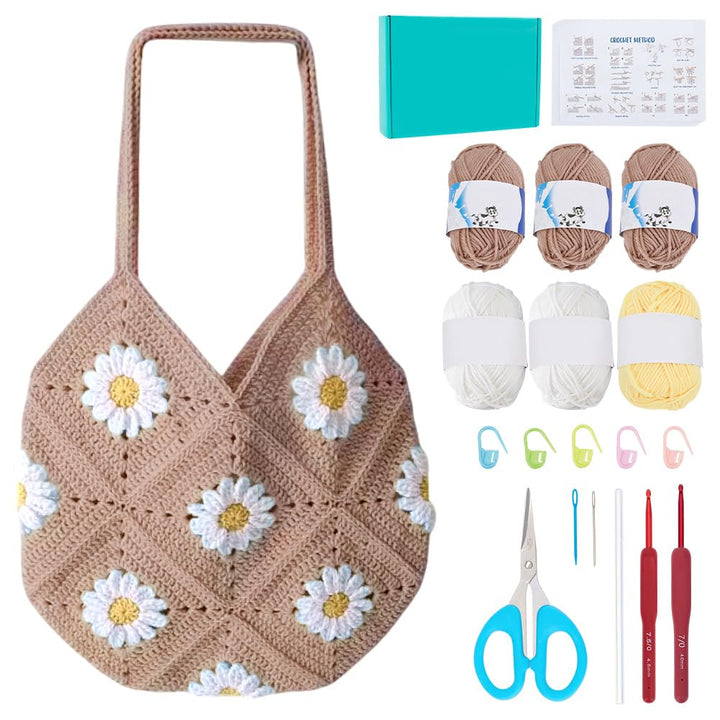 ORIGACH Gänseblümchen Häkelset Für Anfänger, DIY Oma-Quadrat-Tasche Starter Häkelset Für Erwachsene