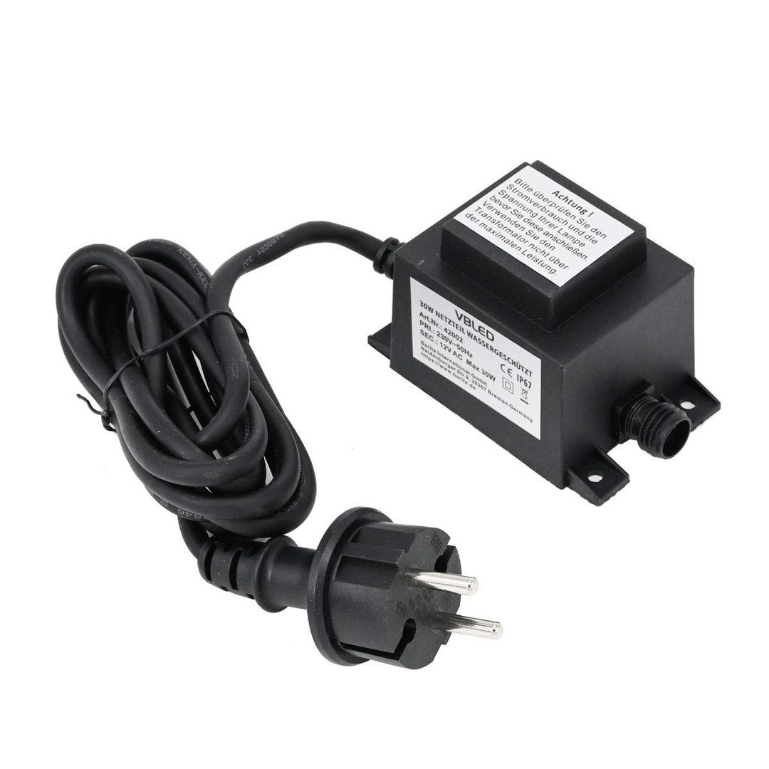 VBLED® Aussen Steckernetzteil Trafo 12V AC / 30W / IP67 für den Betrieb von Leuchten mit IP44 Stecks