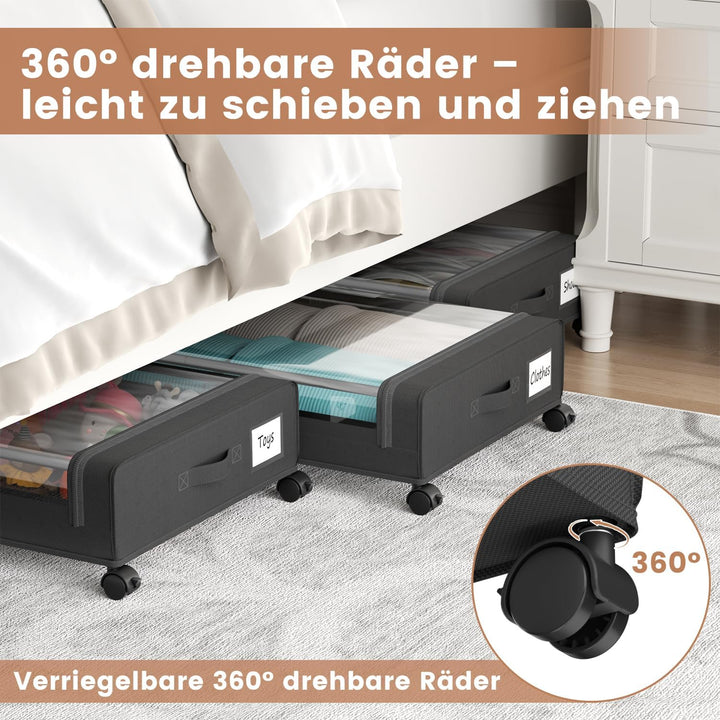 PHINOX Unterbett-Aufbewahrungsbehälter mit mit Rollen,2 Stück (74x42x16cm) -Schwarz Aufbewahrungsbox