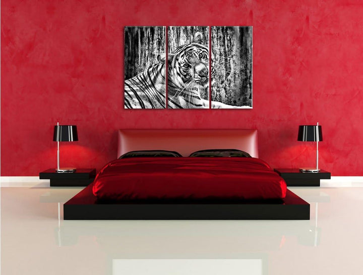 Pixxprint Monocrome, Neugieriger Tiger 3-Teiler Leinwandbild 120x80 Bild auf Leinwand