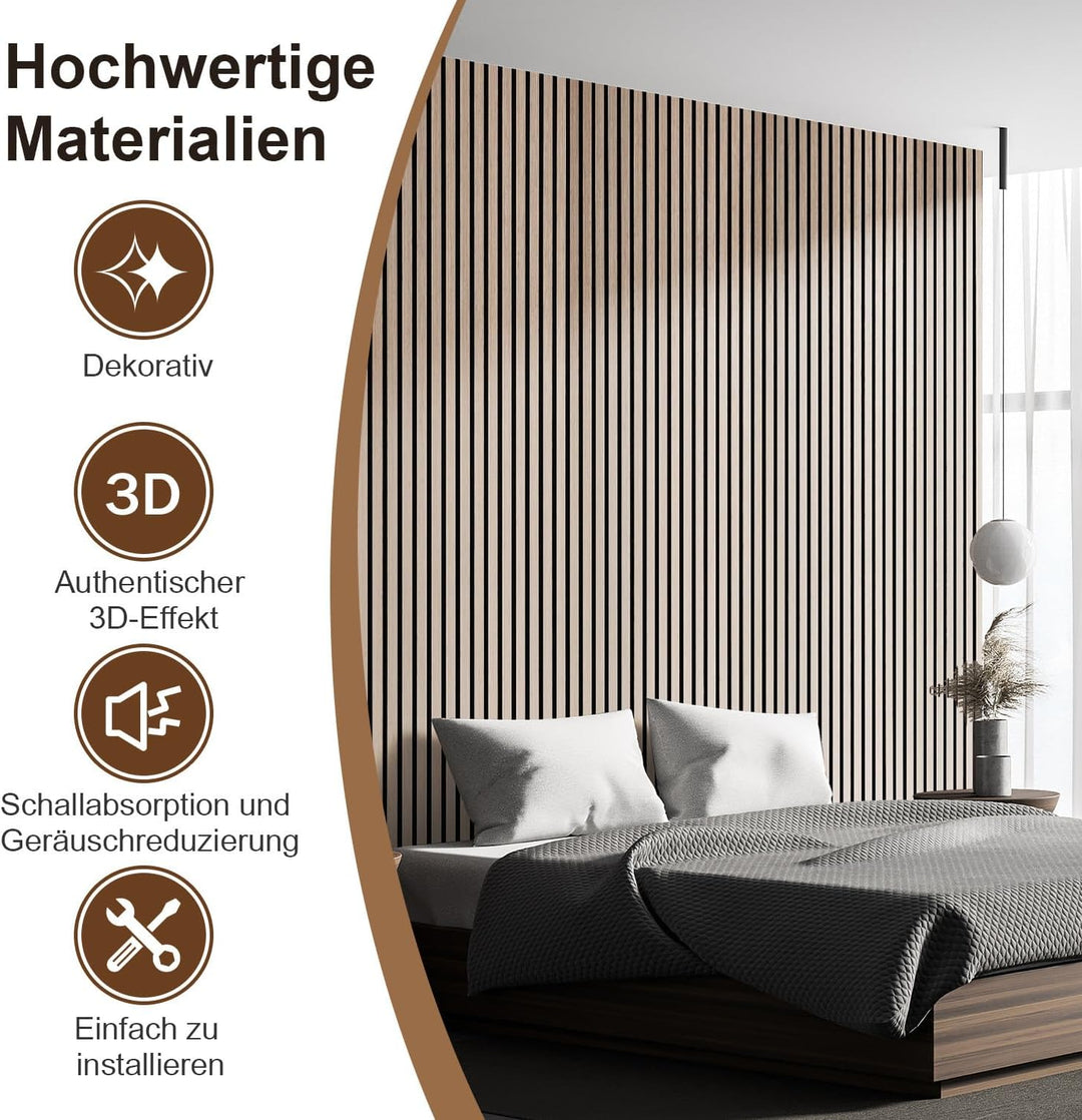 Akustikpaneele Selbstklebend Holz 1,44㎡ - 2 Stück 120x60cm,Paneele Wand 3D Schalldämmung Echoreduzie