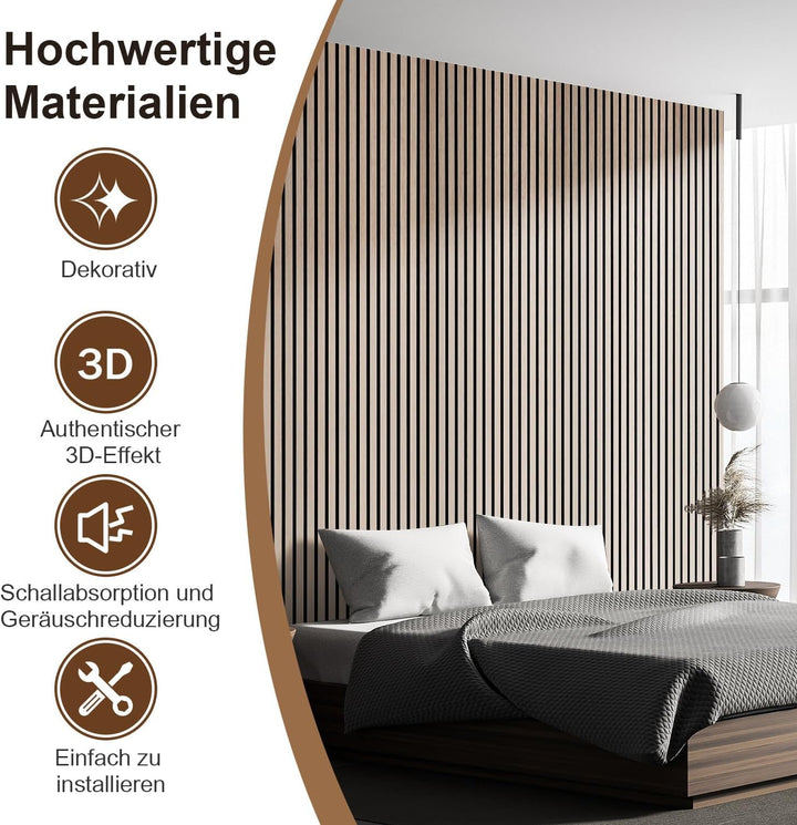 Akustikpaneele Selbstklebend Holz 1,44㎡ - 2 Stück 120x60cm,Paneele Wand 3D Schalldämmung Echoreduzie