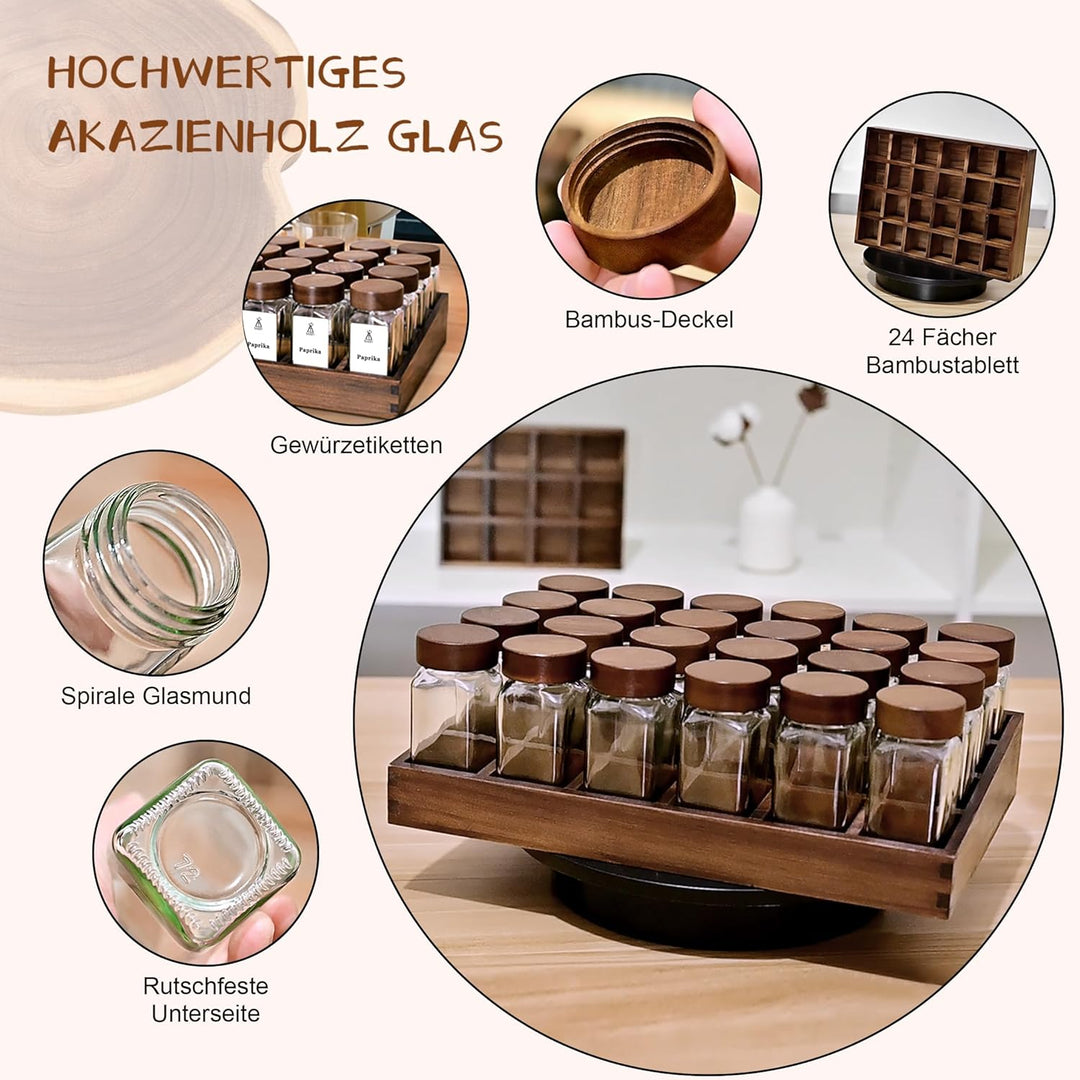 SAEIV Umweltfreundliches Akazien-Gewürzregal Holz mit 24 Fächern | 24 120ml-Gewürzgläser Drawer Orga