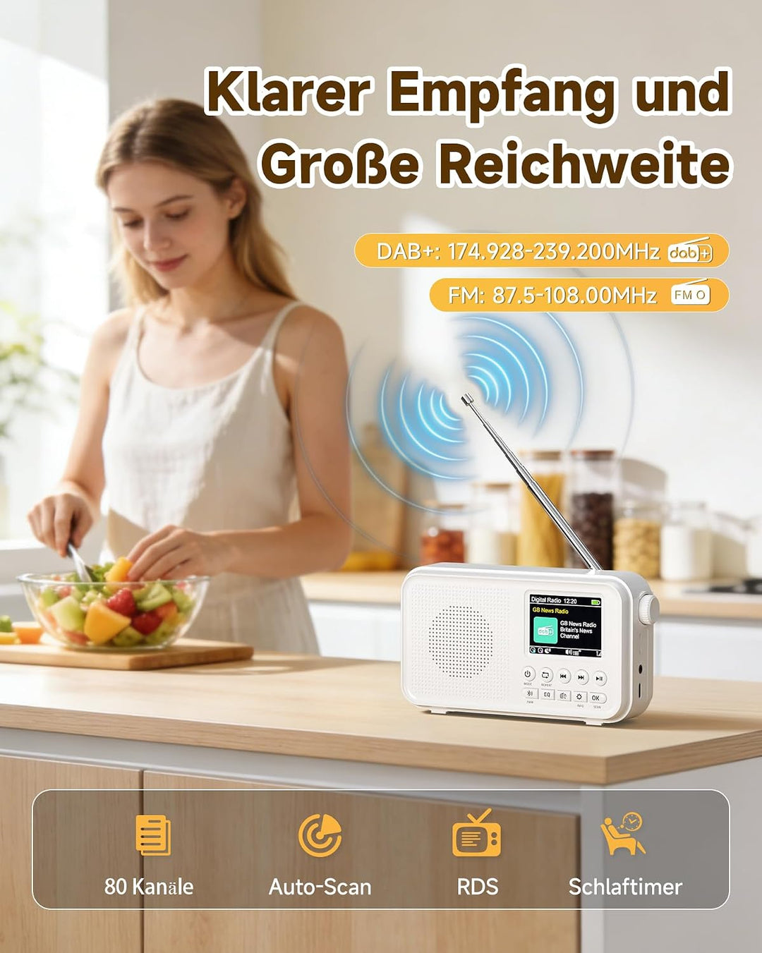 Roxicosly Tragbares DAB/DAB+ Radio, 80 Voreingestellte, UKW Digital Radio mit 3000-mAh Akku, Küchenr