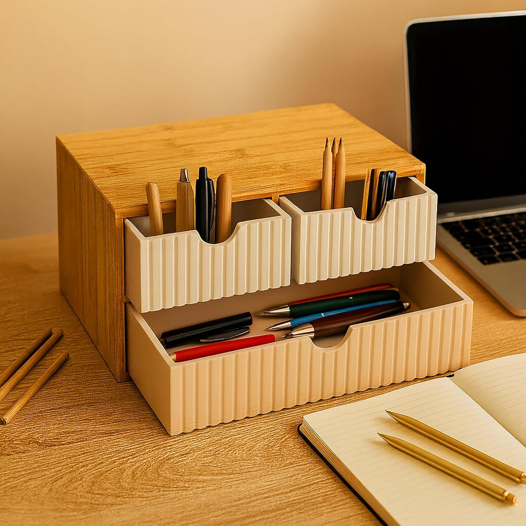 Relaxdays Schubladenbox, Bambus & MDF, 3 geriffelte Schubladen, HBT: 15 x 30 x 20 cm, Schreibtisch O