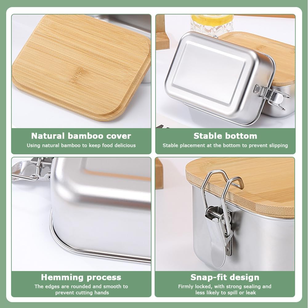 2 Stück Bento Lunchbox für Erwachsene Kinder, 850ML Edelstahl Brotdose mit Holzdeckel&Fächern, BPA-f