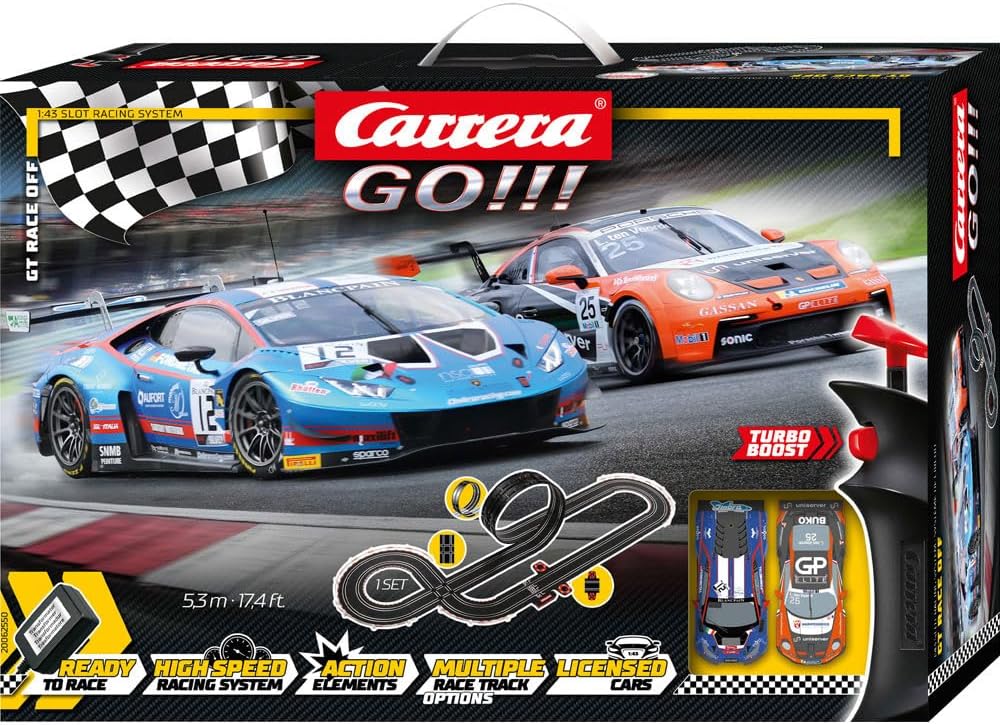 Carrera GO!!! GT Race Off Rennbahn-Set I Rennbahnen und lizensierte Slotcars | bis zu 2 Spieler | Fü