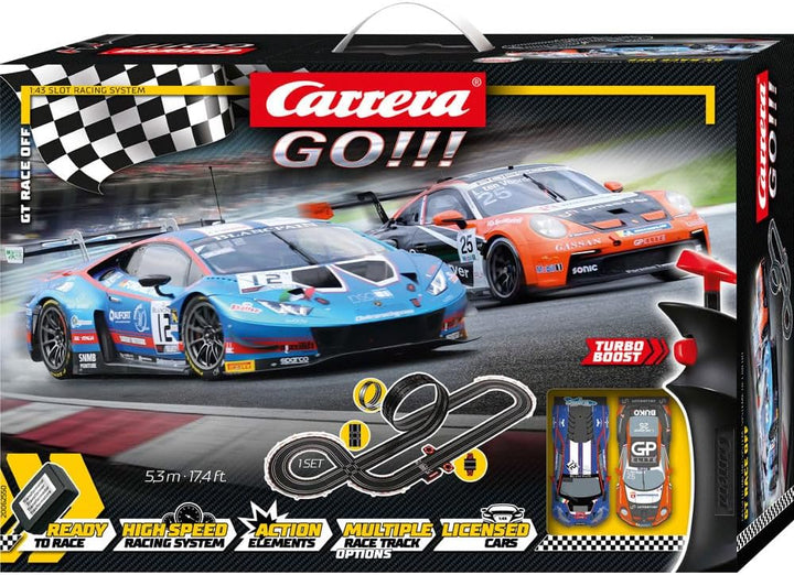 Carrera GO!!! GT Race Off Rennbahn-Set I Rennbahnen und lizensierte Slotcars | bis zu 2 Spieler | Fü
