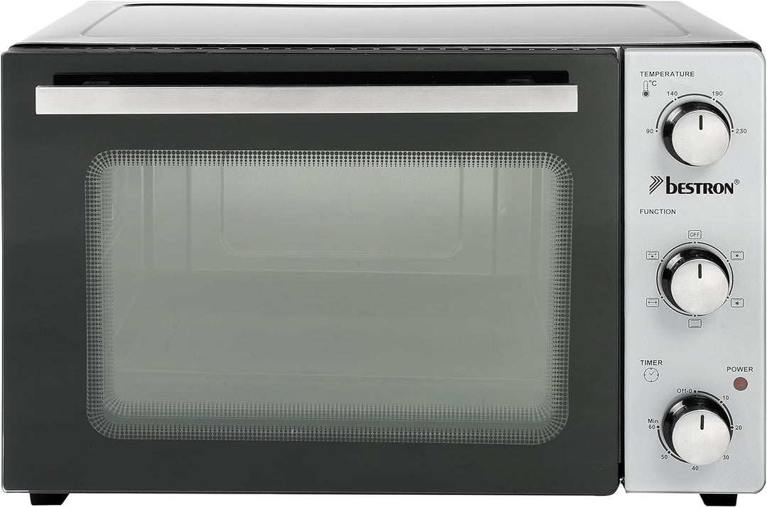 Bestron AOV31PS Kompakter Mini-Backofen mit Drehspiess und Pizzastein, 31 Liter, 1500 Watt, Edelstah