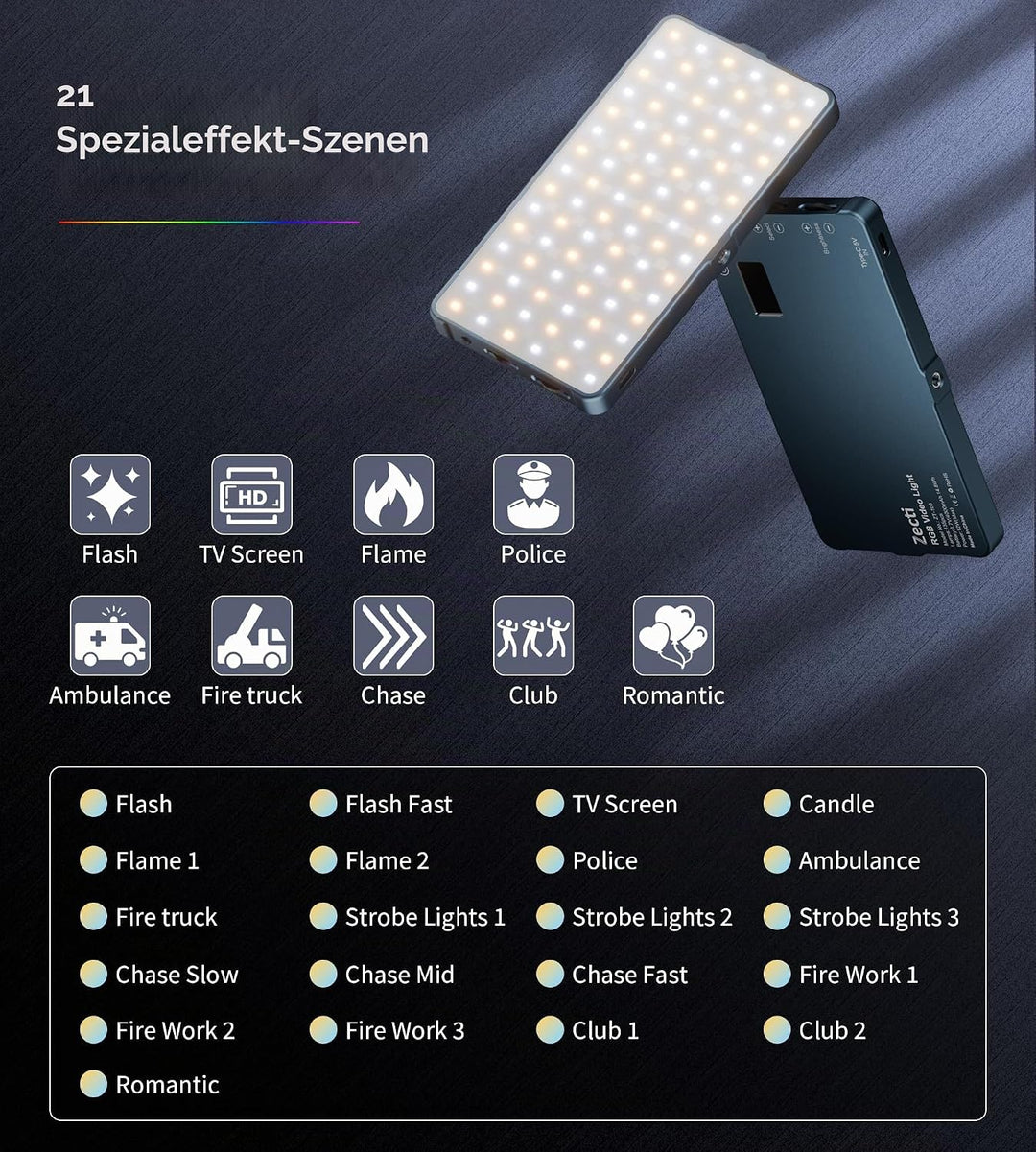 Selfie Licht mit RGB-Vollfarbe, 135 LED 4000mAh CRI96+ LED Videoleuchte mit Hotshoe und Clip,2500K-9