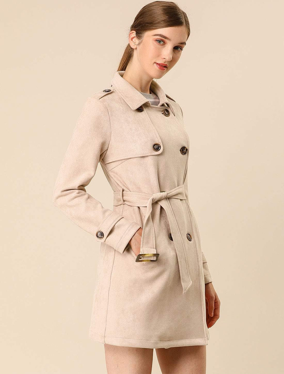 Allegra K Damen Trenchcoat Langarm Zweireiher Faux Wildleder Mantel Wintermantel M aprikose, M aprik