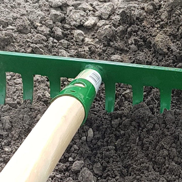 Garten Gerät Harke Rasen Boden Erde Rechen 10 Zinken Stahl grün Gartenrechen 24,8 cm mit Holz Stiel
