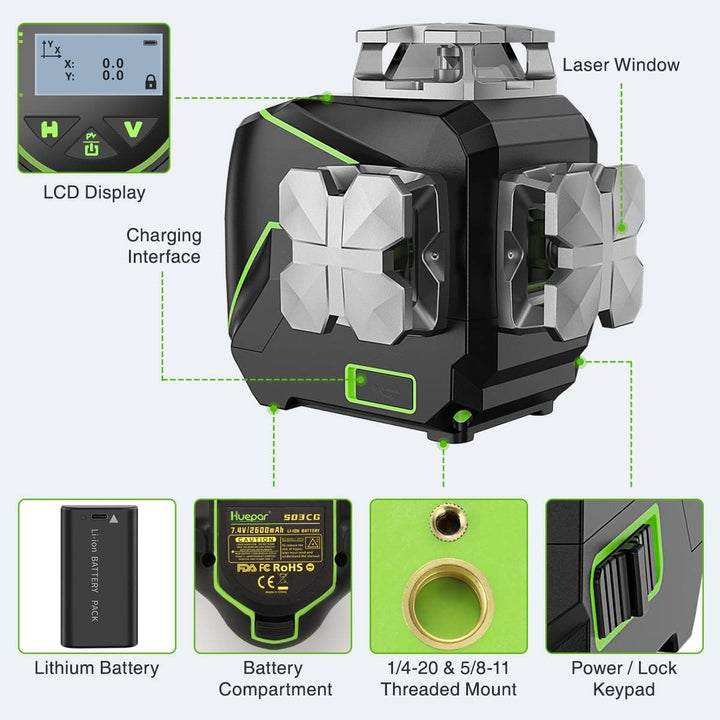 Huepar 12 Linien-3D selbstnivellierendes Laserniveau mit LCD-Bildschirm 3 x 360 ° Bluetooth-Verbindu