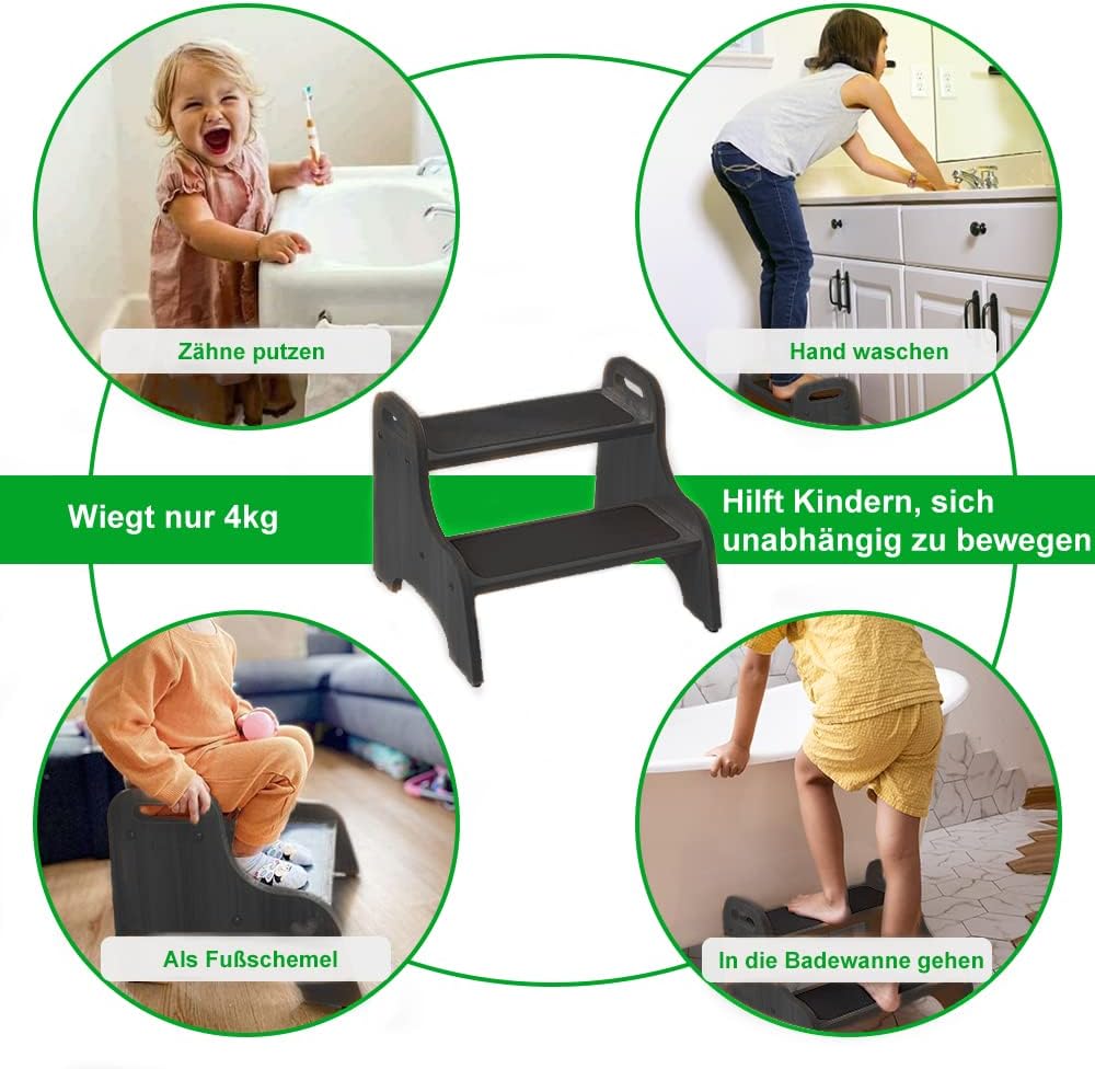 StrongTek Wood 2 Tritthocker für Kinder mit Rutschfester Trittfläche, tragbaren Griffen, rutschfeste