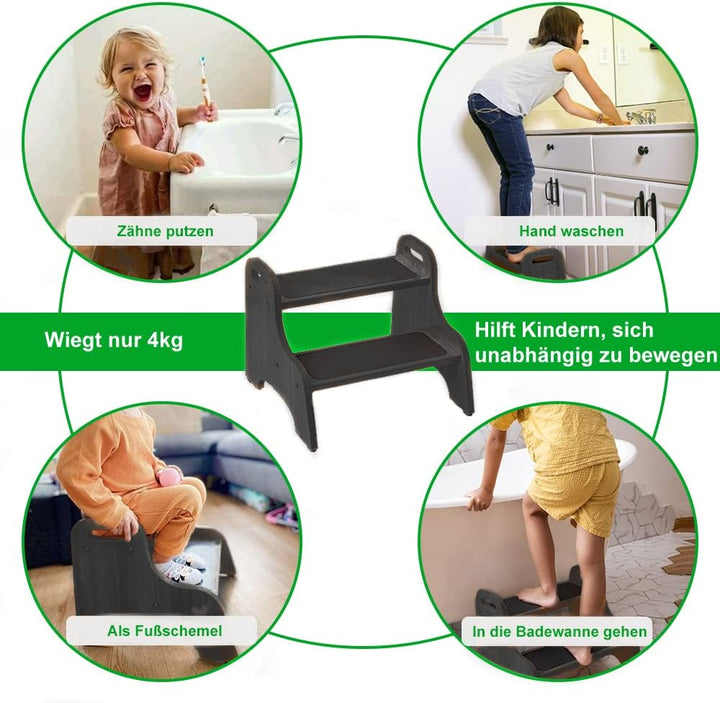 StrongTek Wood 2 Tritthocker für Kinder mit Rutschfester Trittfläche, tragbaren Griffen, rutschfeste