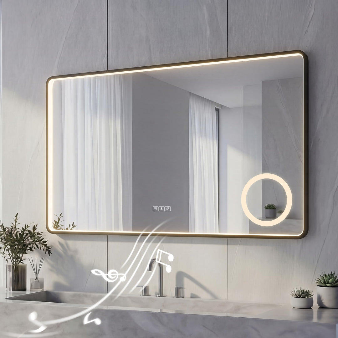 LED Badspiegel mit Aluminiumrahmen &amp; Bluetooth, HD Silber-Spiegel | 3 Lichtfarben Dimmbar Wandspiege