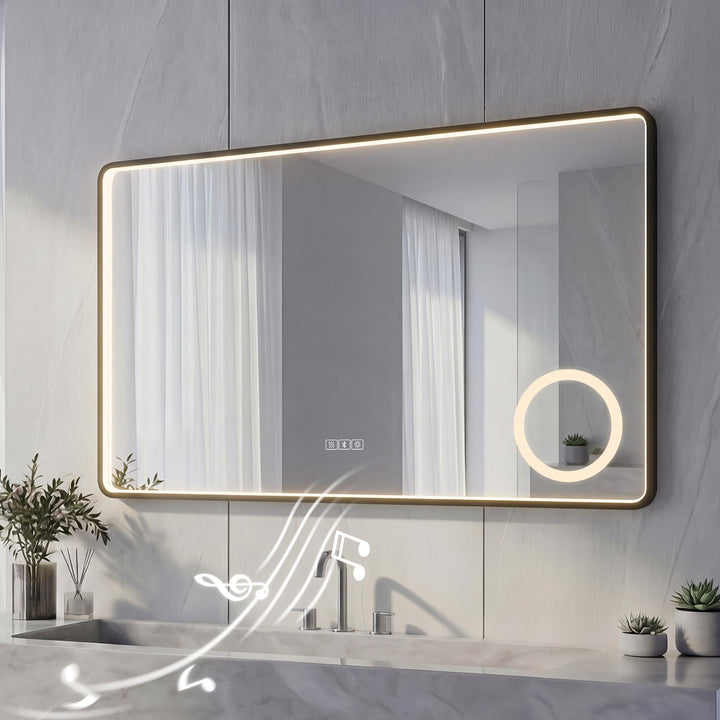 LED Badspiegel mit Aluminiumrahmen &amp; Bluetooth, HD Silber-Spiegel | 3 Lichtfarben Dimmbar Wandspiege