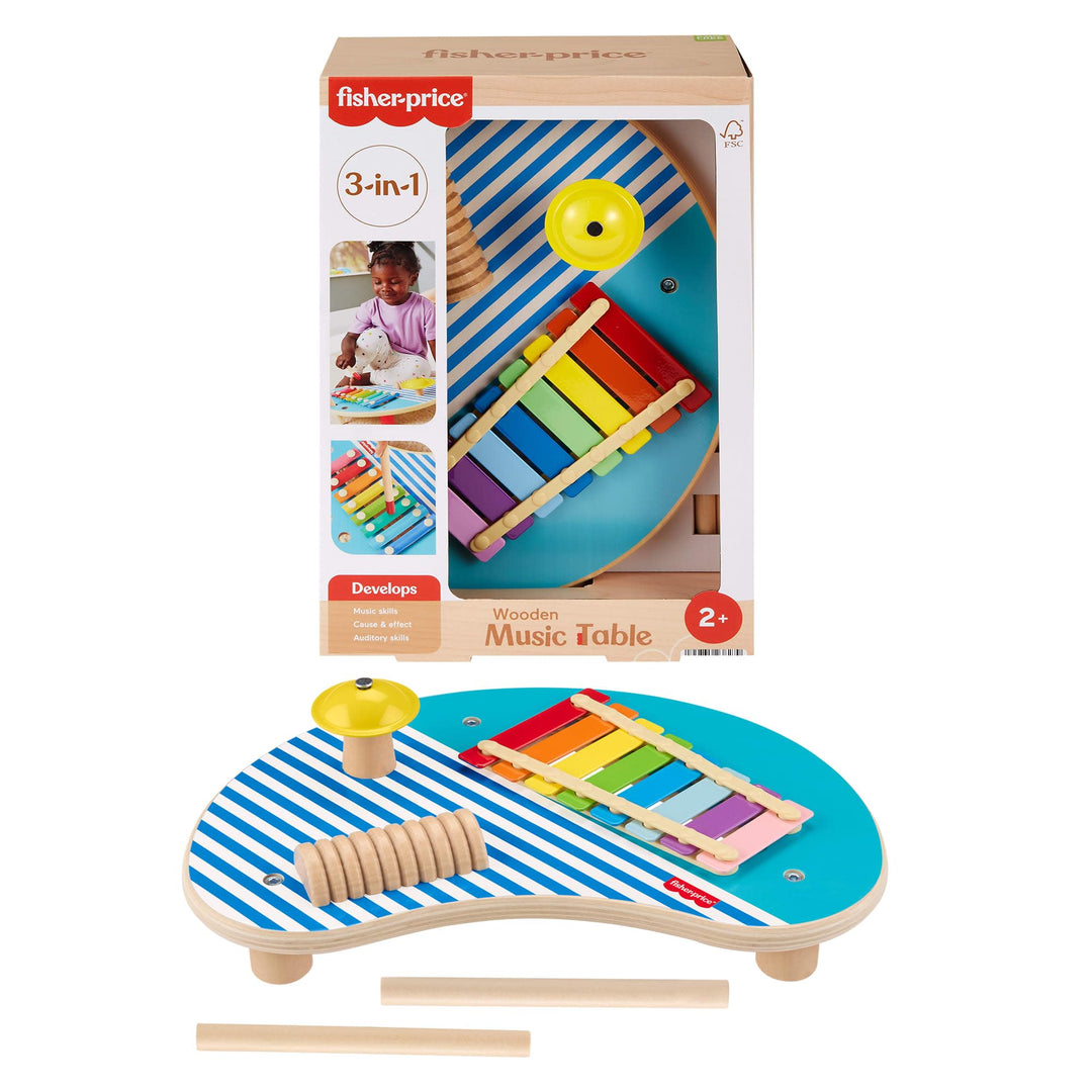 Fisher-Price Kleinkinderspielzeug Holz-Musiktisch mit Percussion-Instrumenten, 3 Holzteile für Kinde