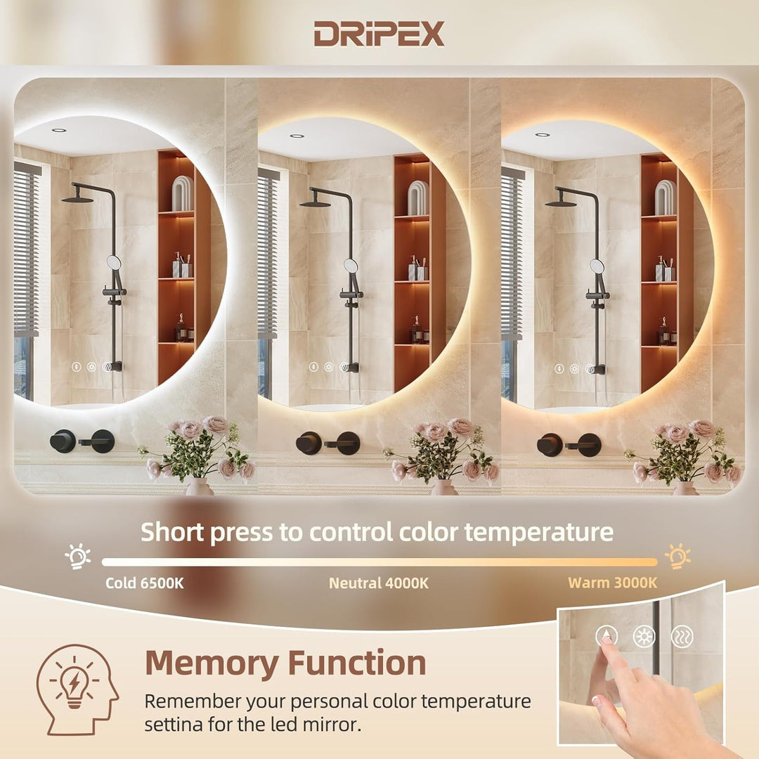 Dripex Badezimmerspiegel Led Badspiegel Rund, Touch-Schalter, Dimmbar, 3 Lichtfarbe Einstellbare Spi