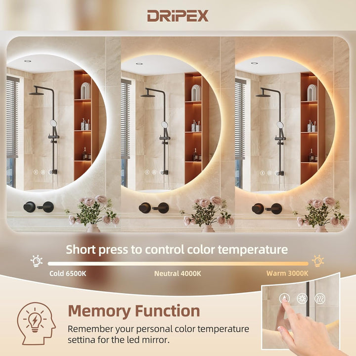 Dripex Badezimmerspiegel Led Badspiegel Rund, Touch-Schalter, Dimmbar, 3 Lichtfarbe Einstellbare Spi