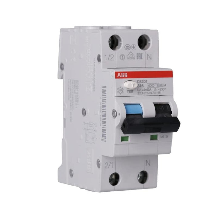 ABB DS201A-B16 DS201A-B16/0,03 FI/LS-Schalter 6kA, 1P+N, Typ A, B 16, 30mA, grau, 2 TE Single, Singl