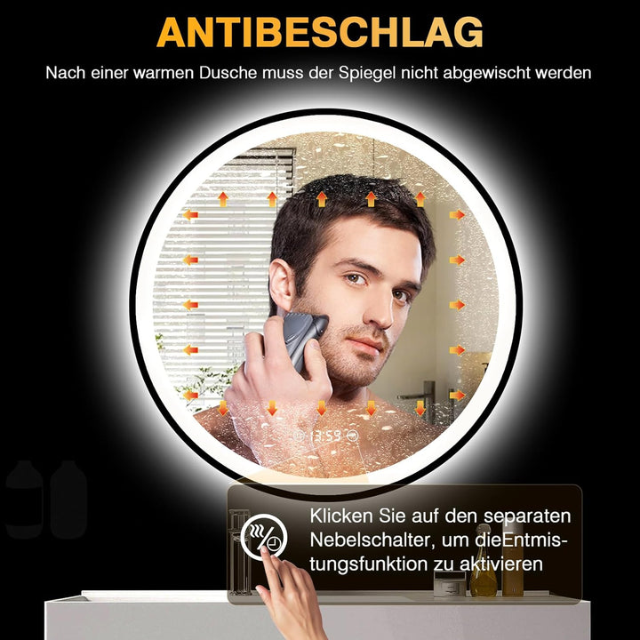 LED Spiegel mit Uhr - 70cm Runder Spiegel mit Beleuchtung Antibeschlag, Dimmbar, 3 Lichtfarben, Ener
