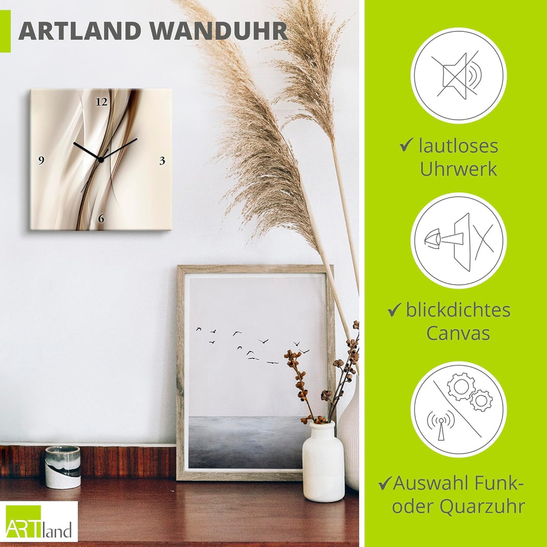 ARTLAND Wanduhr ohne Tickgeräusche Leinwand Quarzuhr 30x30 cm Quadratisch Lautlos Design Welle Abstr