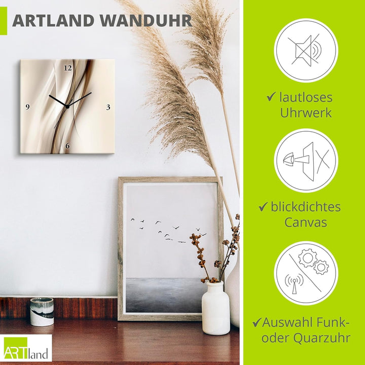 ARTLAND Wanduhr ohne Tickgeräusche Leinwand Funkuhr 30x30 cm Quadratisch Lautlos Design Welle Abstra