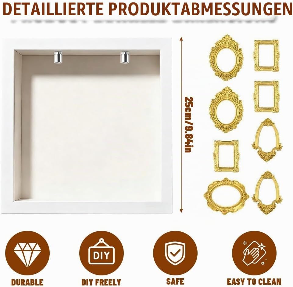 DIY Mini Museum Shadow Box mit LED Licht - Mini Bilderrahmen Vintage Set mit 8 Gold Rahmen &amp; 8 Figur