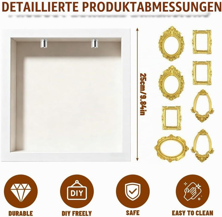 DIY Mini Museum Shadow Box mit LED Licht - Mini Bilderrahmen Vintage Set mit 8 Gold Rahmen &amp; 8 Figur