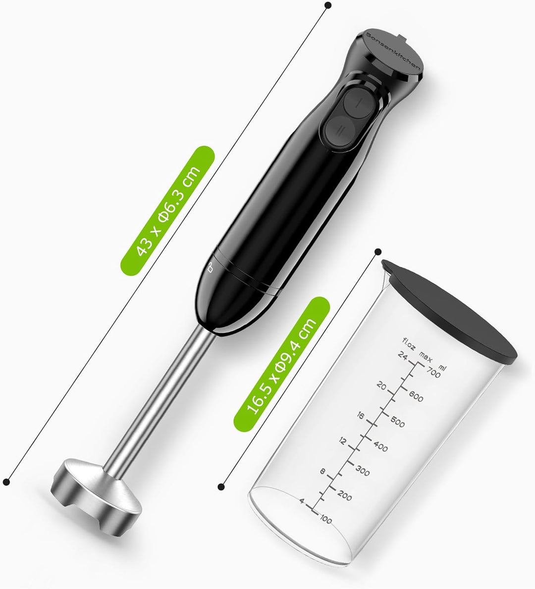 Bonsenkitchen Elektrischer Stabmixer Set, 1000W Pürierstab mit 700ml Messbecher, 2 Geschwindigkeitss