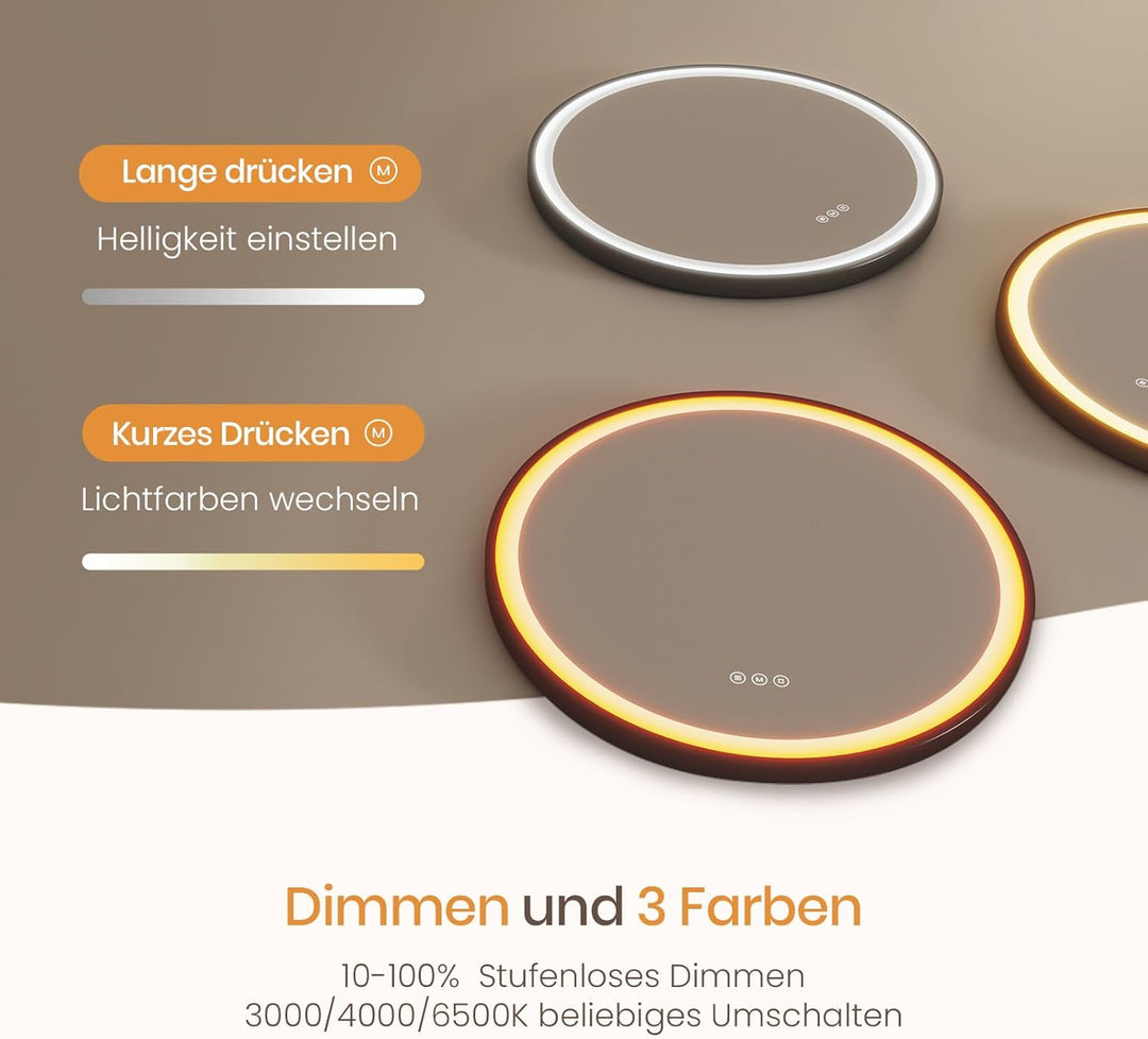 EMKE Badspiegel mit Beleuchtung Rund 80cm, Badezimmerspiegel mit 3 dimmbaren Lichtfarben, Antibeschl