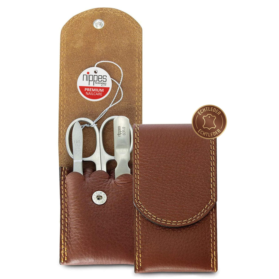 nippes Solingen Classic Premium-Maniküre Set, 3-teilig, Echtes Rindsleder-Nageletui, braun, Edelstah