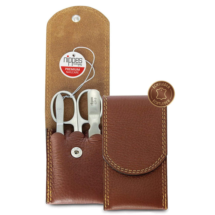 nippes Solingen Classic Premium-Maniküre Set, 3-teilig, Echtes Rindsleder-Nageletui, braun, Edelstah