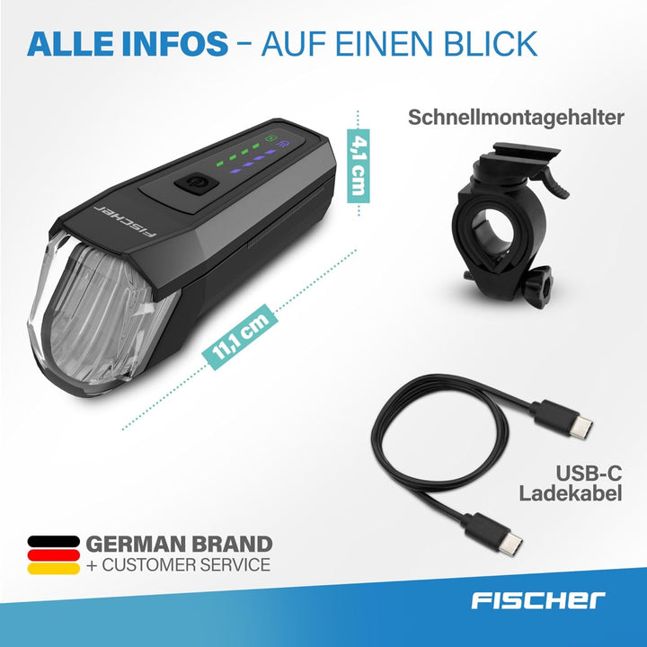 FISCHER Fahrrad LED-Frontlicht 110 Lux, mit Sensormodus, Leuchtweiteneinstellung, bis zu 20 Stunden